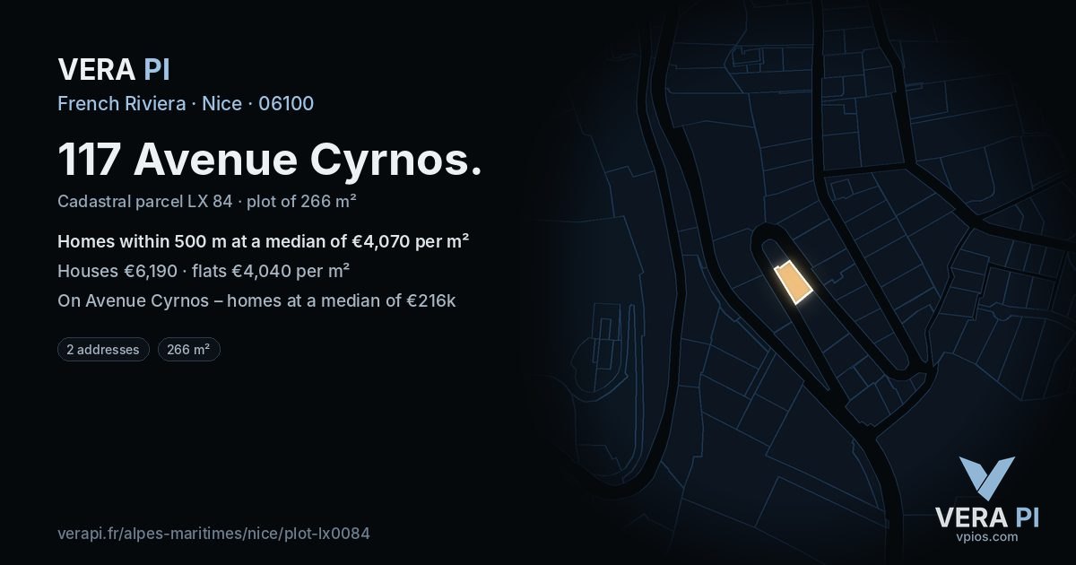 117 Avenue Cyrnos, Nice at night – the plot lit, the parcels around coloured by the prices near them