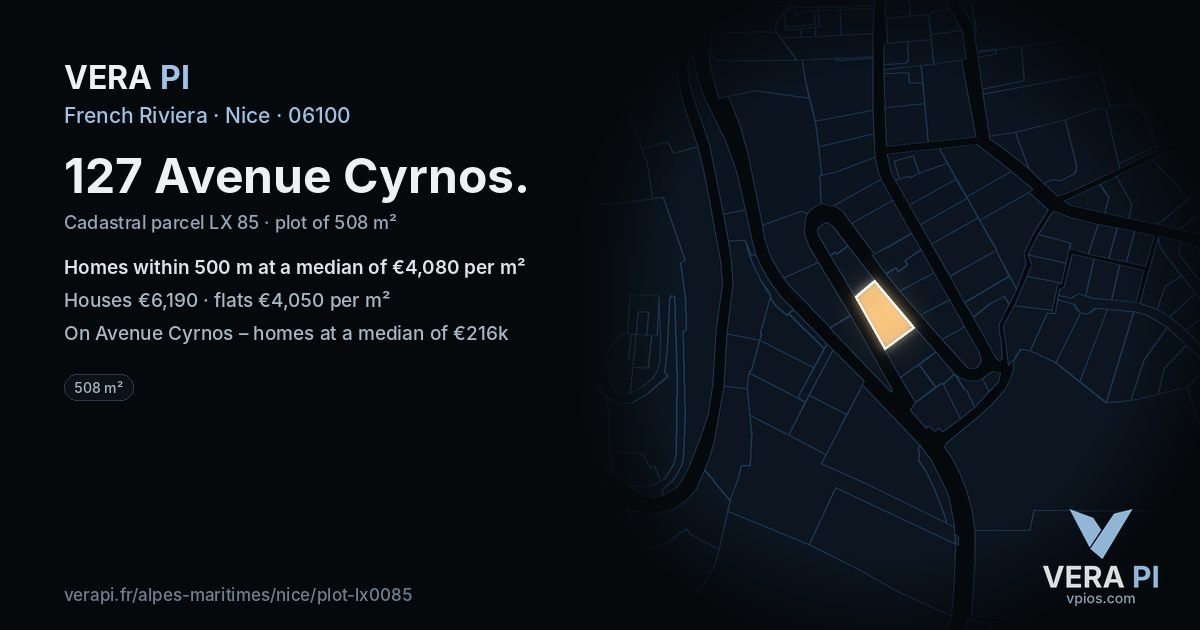 127 Avenue Cyrnos, Nice at night – the plot lit, the parcels around coloured by the prices near them
