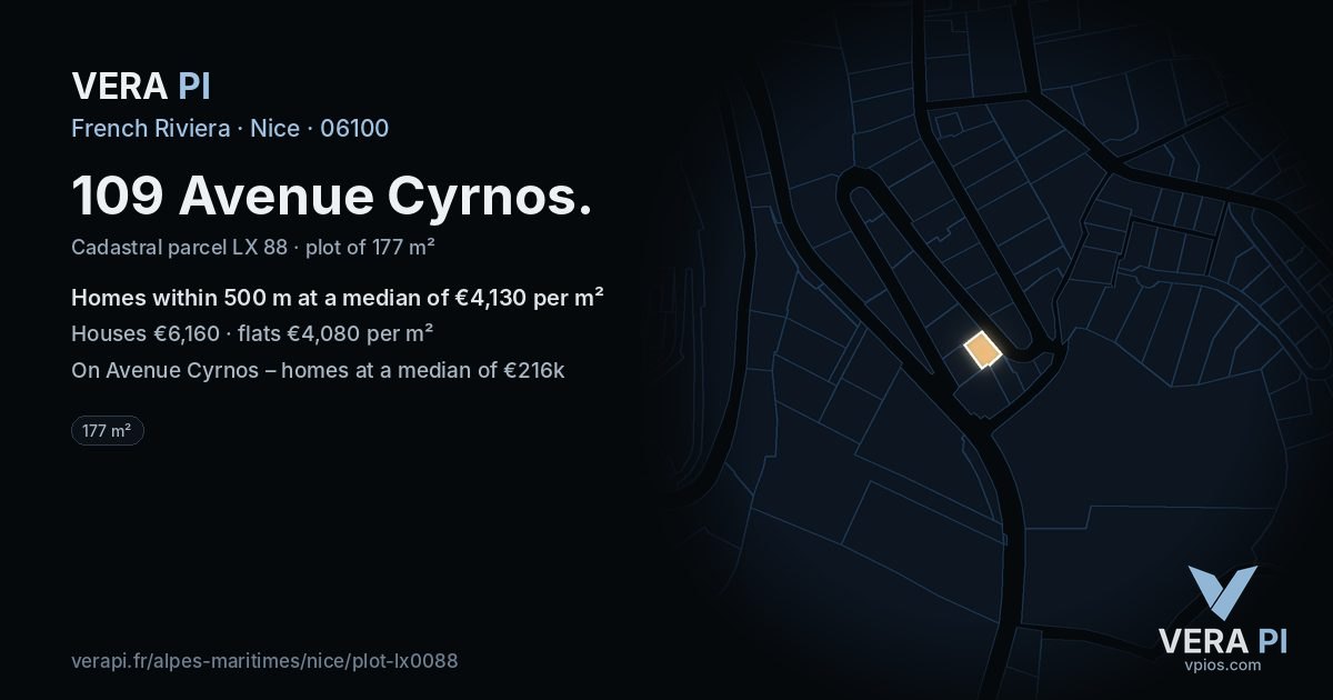 109 Avenue Cyrnos, Nice at night – the plot lit, the parcels around coloured by the prices near them