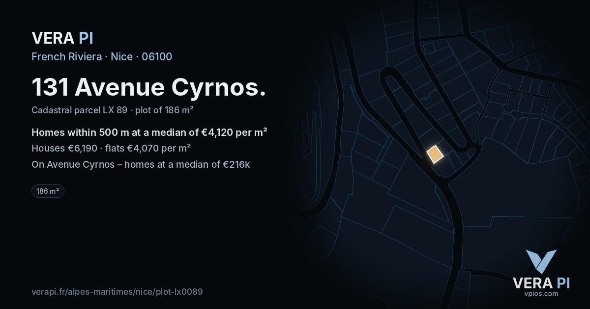 131 Avenue Cyrnos, Nice at night – the plot lit, the parcels around coloured by the prices near them