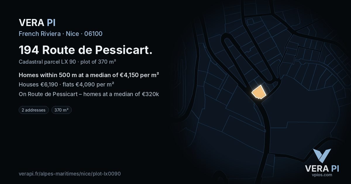 194 Route de Pessicart, Nice at night – the plot lit, the parcels around coloured by the prices near them