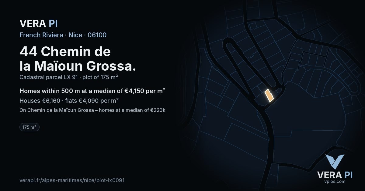 44 Chemin de la Maïoun Grossa, Nice at night – the plot lit, the parcels around coloured by the prices near them