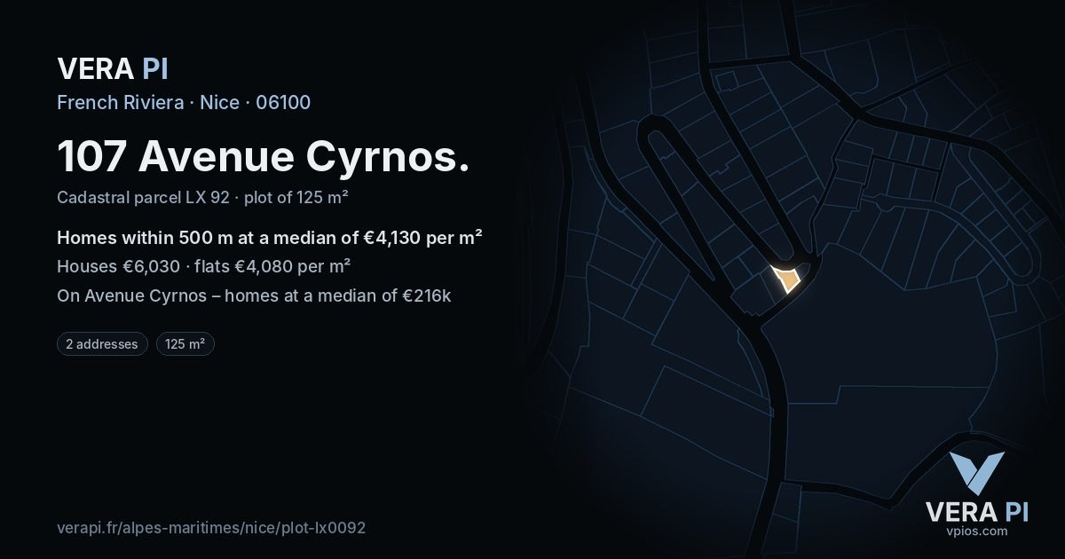 107 Avenue Cyrnos, Nice at night – the plot lit, the parcels around coloured by the prices near them