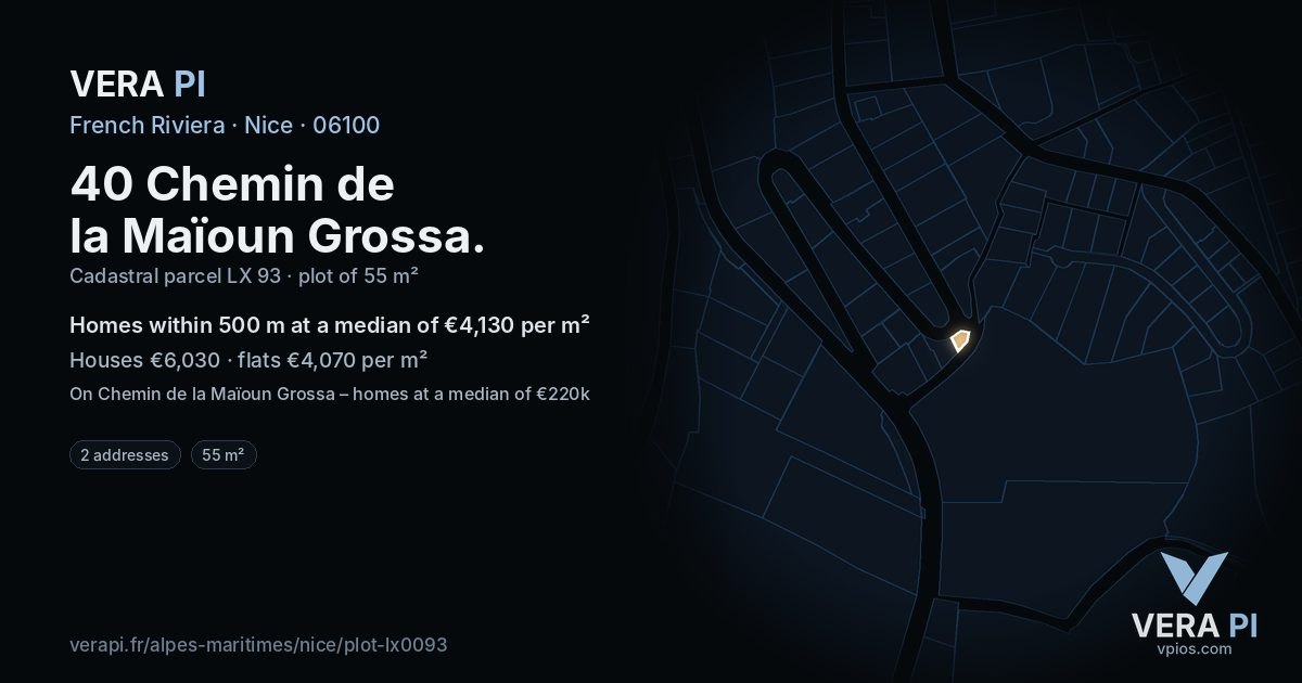 40 Chemin de la Maïoun Grossa, Nice at night – the plot lit, the parcels around coloured by the prices near them