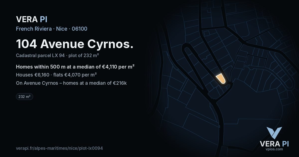 104 Avenue Cyrnos, Nice at night – the plot lit, the parcels around coloured by the prices near them
