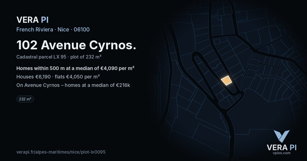 102 Avenue Cyrnos, Nice at night – the plot lit, the parcels around coloured by the prices near them