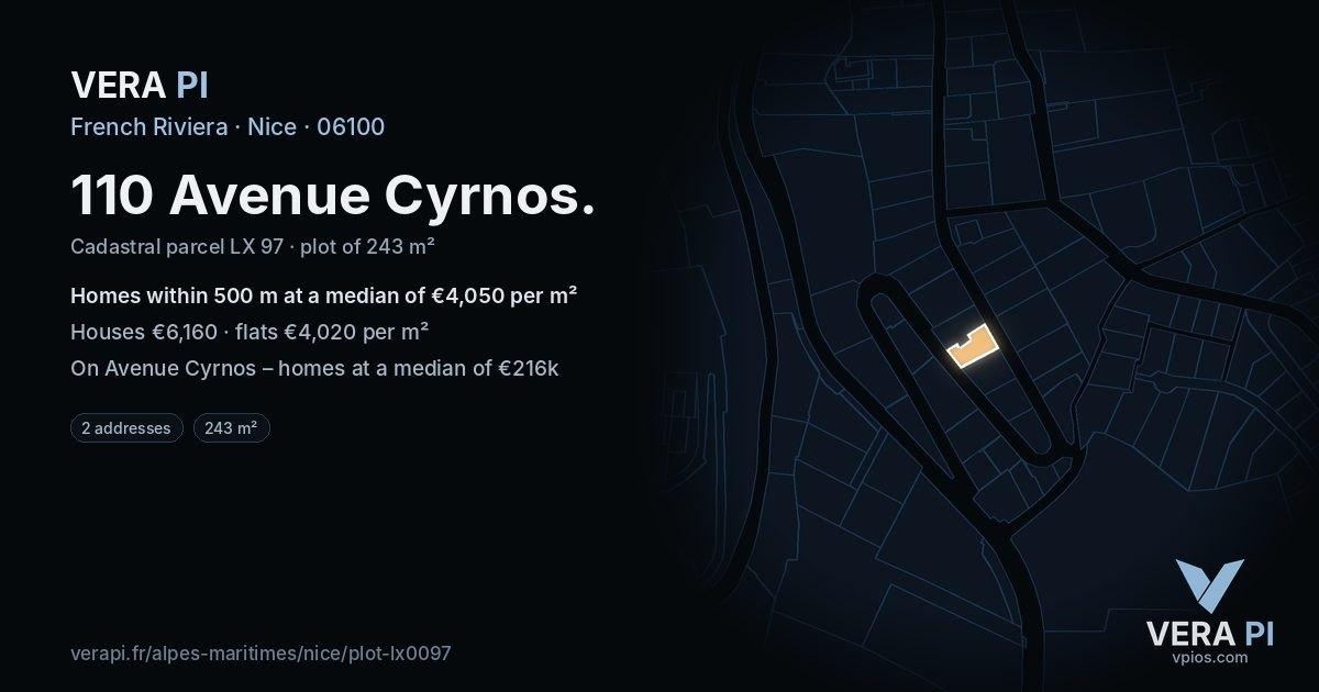 110 Avenue Cyrnos, Nice at night – the plot lit, the parcels around coloured by the prices near them