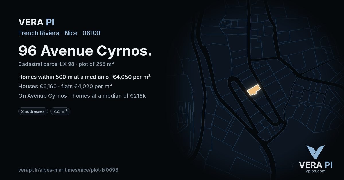 96 Avenue Cyrnos, Nice at night – the plot lit, the parcels around coloured by the prices near them