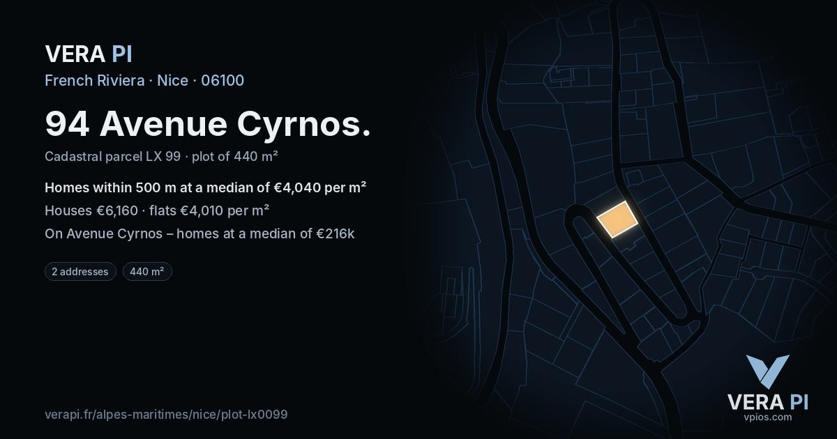 94 Avenue Cyrnos, Nice at night – the plot lit, the parcels around coloured by the prices near them