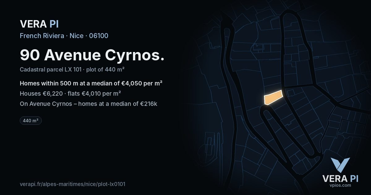 90 Avenue Cyrnos, Nice at night – the plot lit, the parcels around coloured by the prices near them