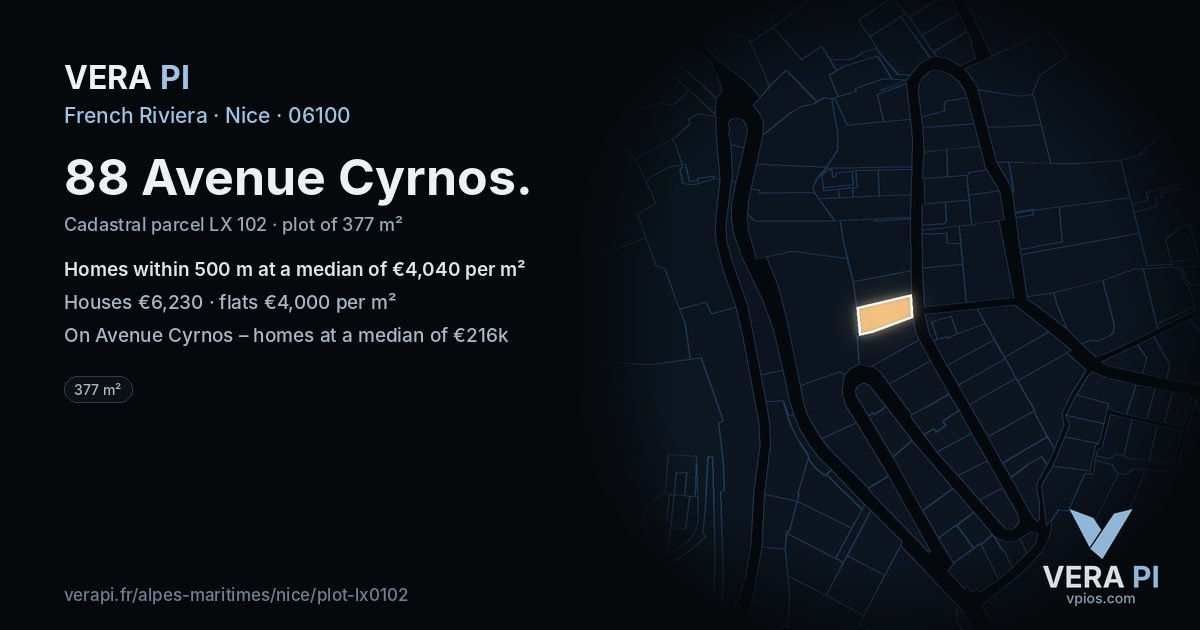 88 Avenue Cyrnos, Nice at night – the plot lit, the parcels around coloured by the prices near them