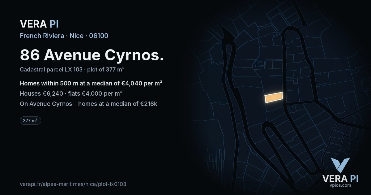 86 Avenue Cyrnos, Nice at night – the plot lit, the parcels around coloured by the prices near them