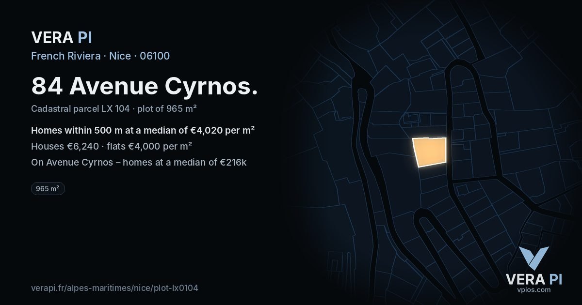 84 Avenue Cyrnos, Nice at night – the plot lit, the parcels around coloured by the prices near them
