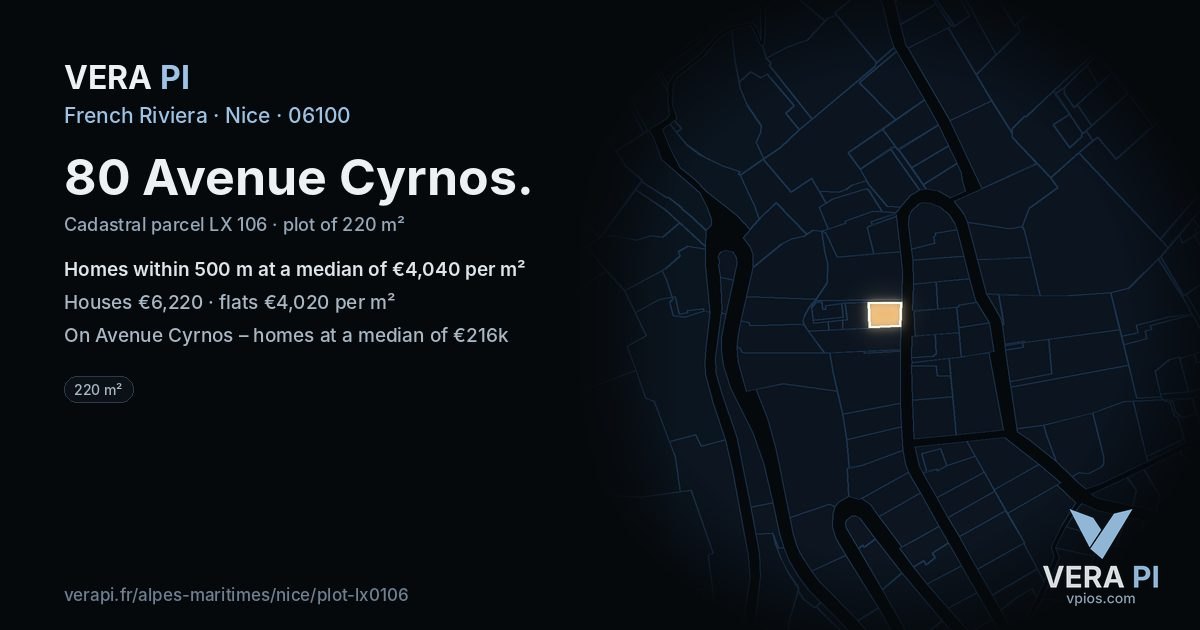 80 Avenue Cyrnos, Nice at night – the plot lit, the parcels around coloured by the prices near them