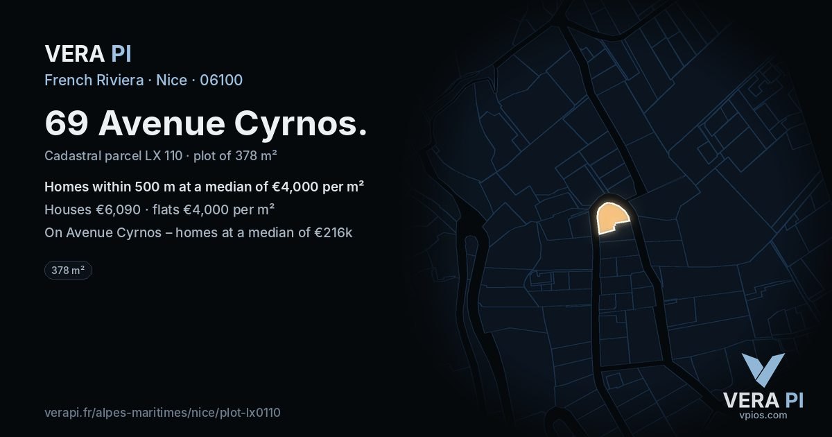 69 Avenue Cyrnos, Nice at night – the plot lit, the parcels around coloured by the prices near them