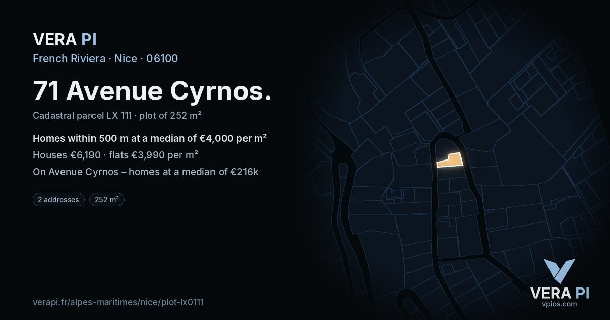 71 Avenue Cyrnos, Nice at night – the plot lit, the parcels around coloured by the prices near them