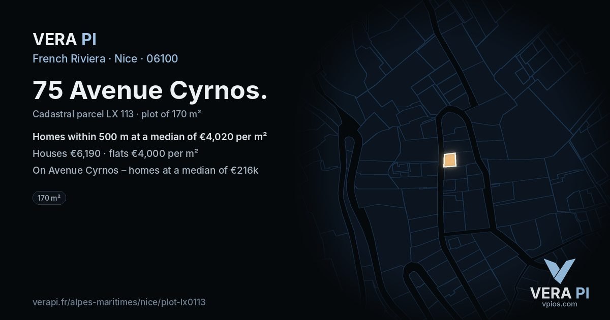 75 Avenue Cyrnos, Nice at night – the plot lit, the parcels around coloured by the prices near them