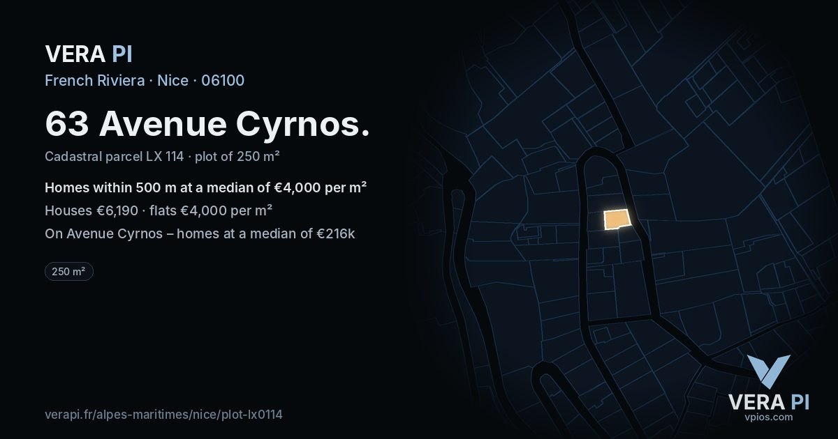 63 Avenue Cyrnos, Nice at night – the plot lit, the parcels around coloured by the prices near them