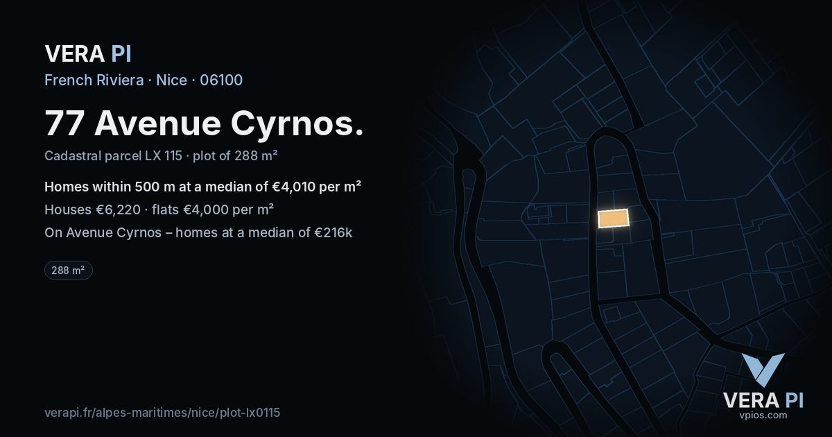 77 Avenue Cyrnos, Nice at night – the plot lit, the parcels around coloured by the prices near them