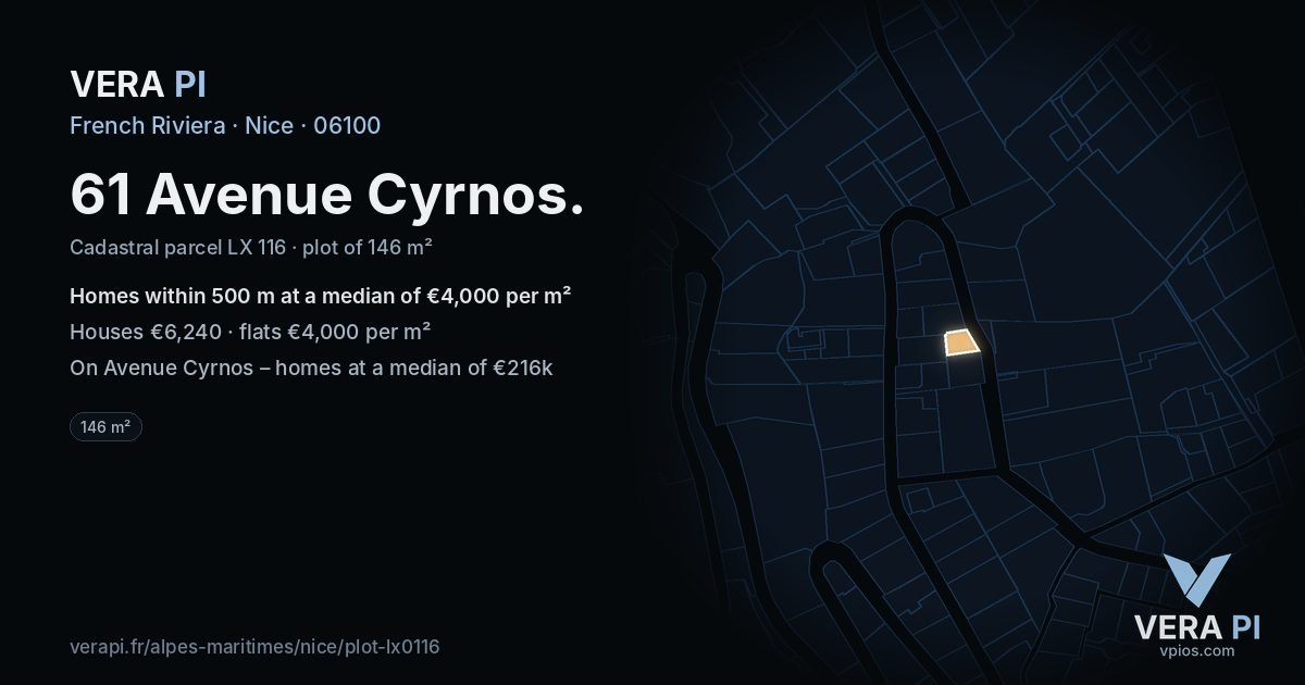 61 Avenue Cyrnos, Nice at night – the plot lit, the parcels around coloured by the prices near them
