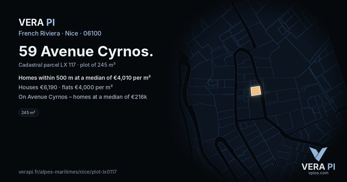 59 Avenue Cyrnos, Nice at night – the plot lit, the parcels around coloured by the prices near them