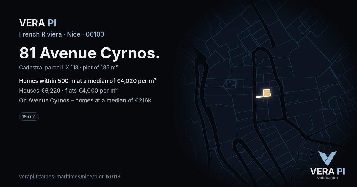 81 Avenue Cyrnos, Nice at night – the plot lit, the parcels around coloured by the prices near them