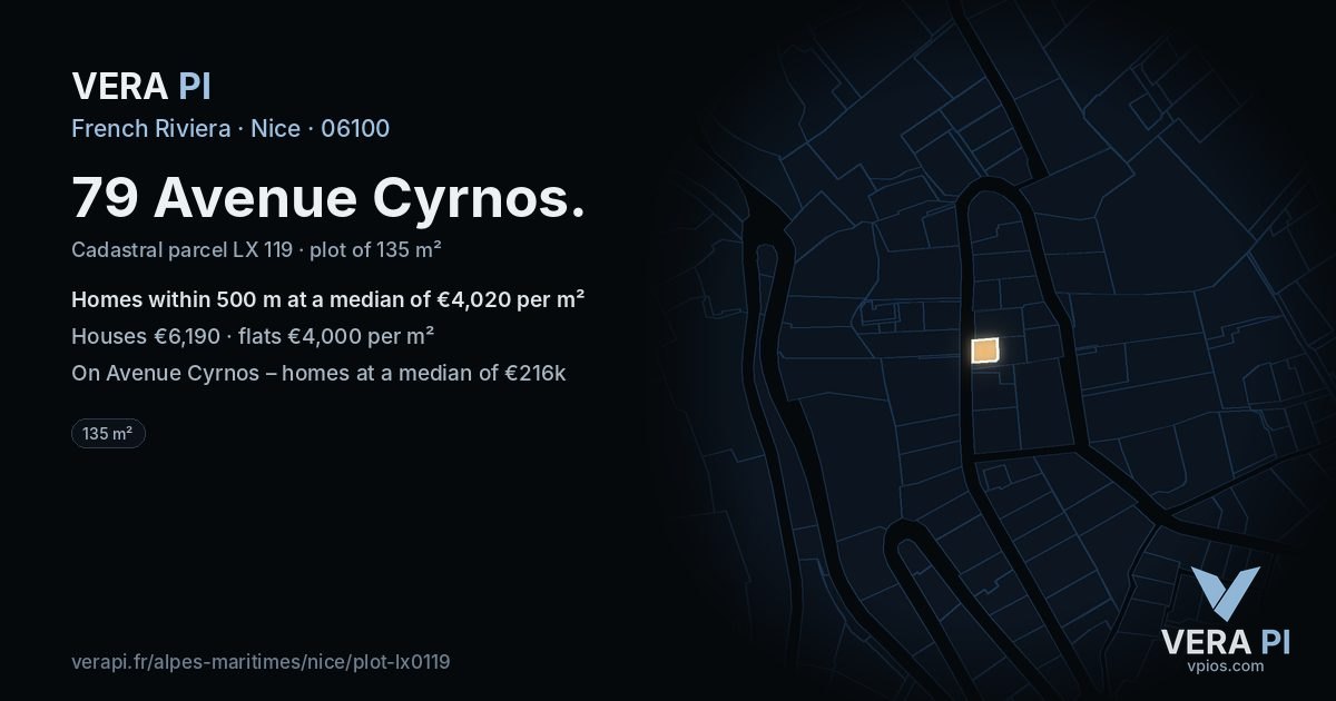 79 Avenue Cyrnos, Nice at night – the plot lit, the parcels around coloured by the prices near them