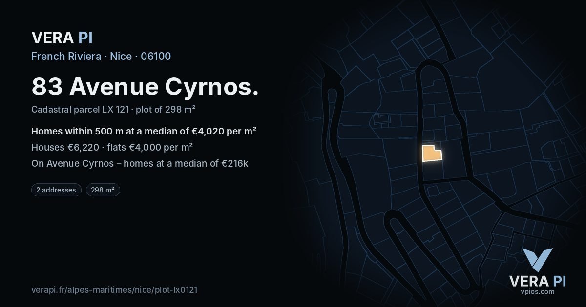 83 Avenue Cyrnos, Nice at night – the plot lit, the parcels around coloured by the prices near them