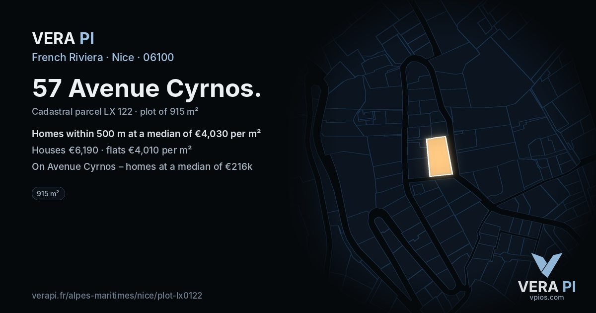 57 Avenue Cyrnos, Nice at night – the plot lit, the parcels around coloured by the prices near them