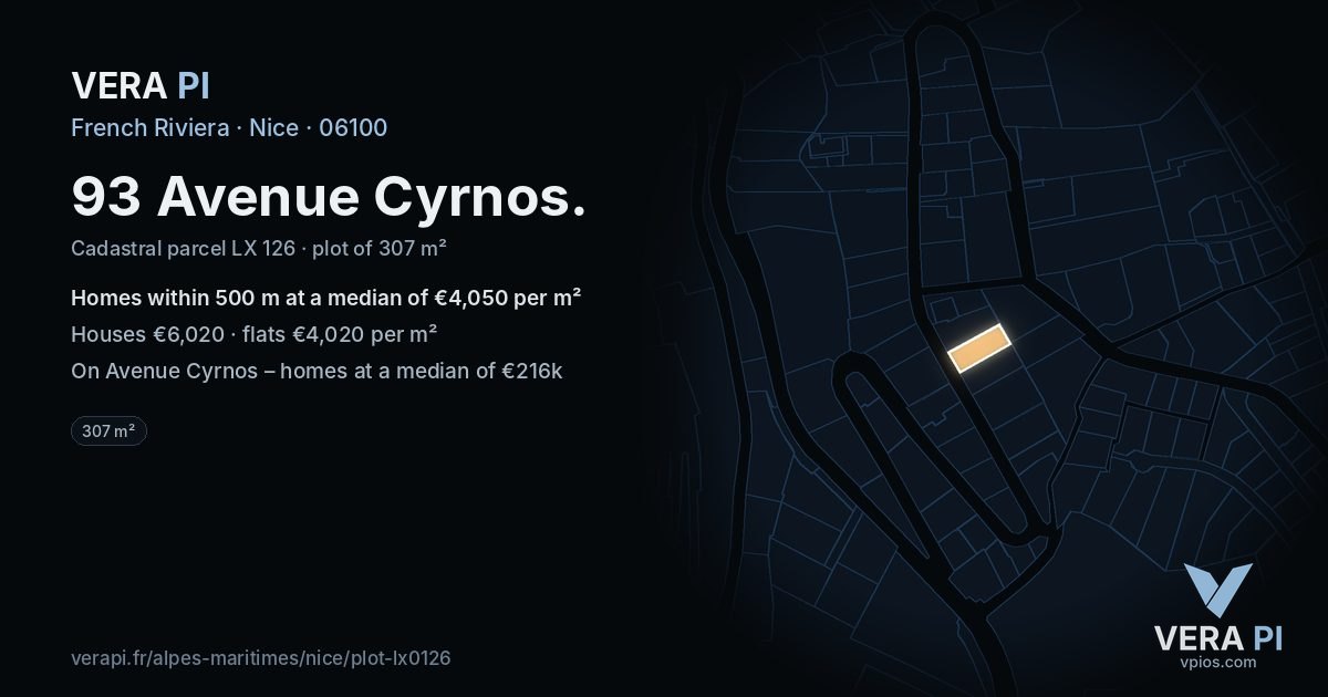 93 Avenue Cyrnos, Nice at night – the plot lit, the parcels around coloured by the prices near them