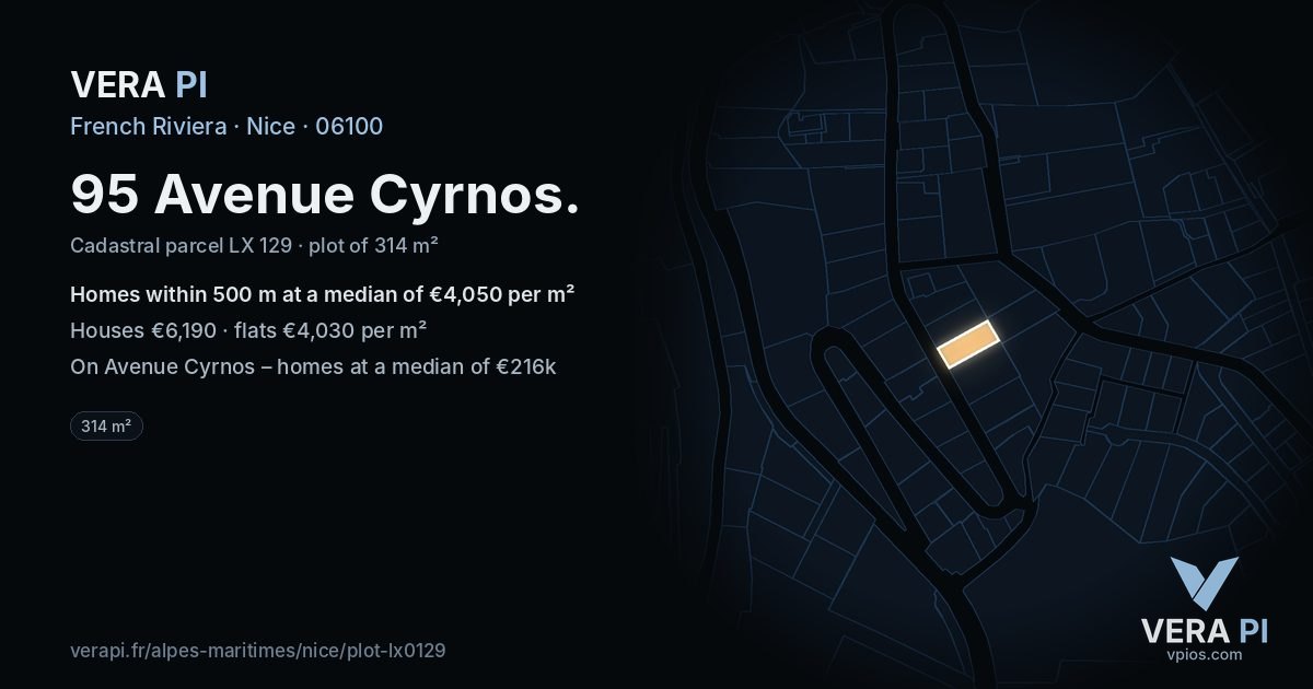 95 Avenue Cyrnos, Nice at night – the plot lit, the parcels around coloured by the prices near them