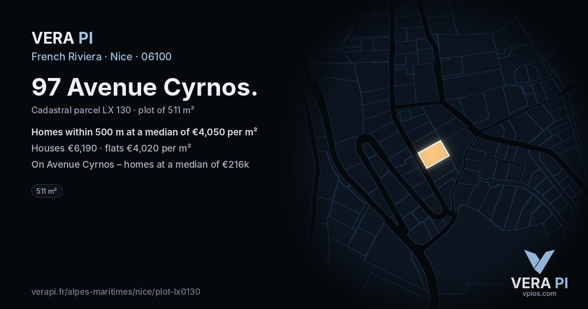 97 Avenue Cyrnos, Nice at night – the plot lit, the parcels around coloured by the prices near them