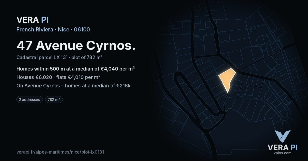 47 Avenue Cyrnos, Nice at night – the plot lit, the parcels around coloured by the prices near them