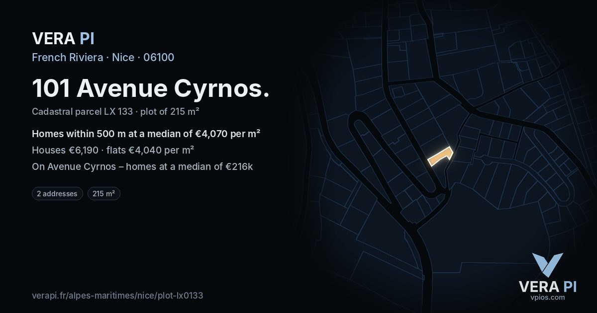 101 Avenue Cyrnos, Nice at night – the plot lit, the parcels around coloured by the prices near them