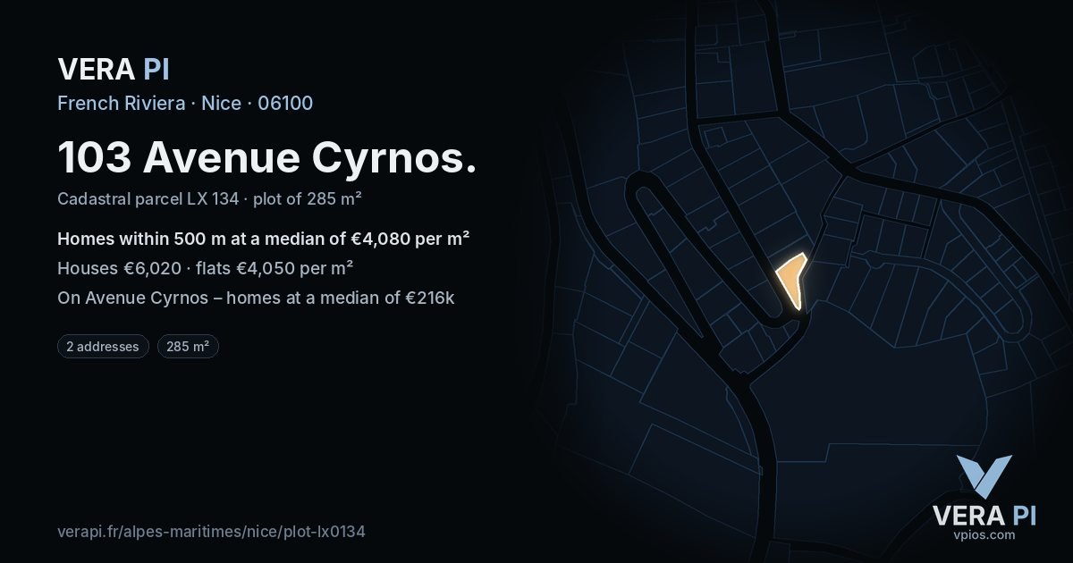 103 Avenue Cyrnos, Nice at night – the plot lit, the parcels around coloured by the prices near them