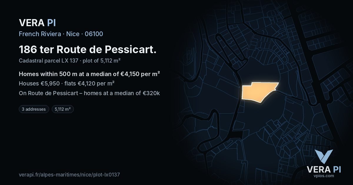 186 ter Route de Pessicart, Nice at night – the plot lit, the parcels around coloured by the prices near them