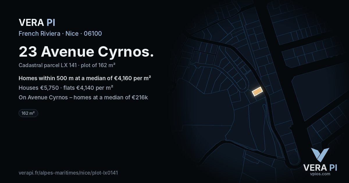 23 Avenue Cyrnos, Nice at night – the plot lit, the parcels around coloured by the prices near them