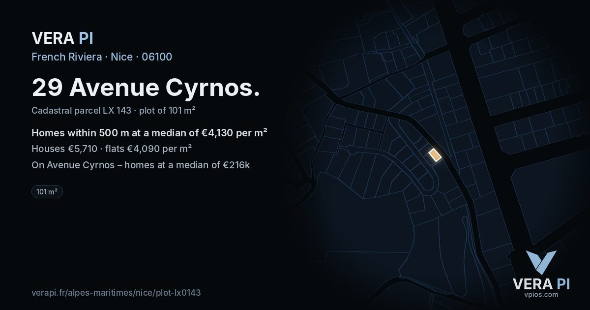 29 Avenue Cyrnos, Nice at night – the plot lit, the parcels around coloured by the prices near them