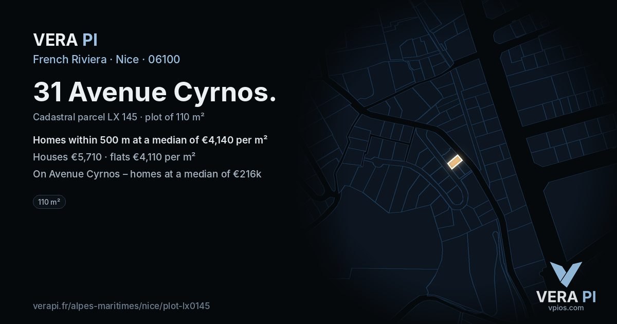 31 Avenue Cyrnos, Nice at night – the plot lit, the parcels around coloured by the prices near them