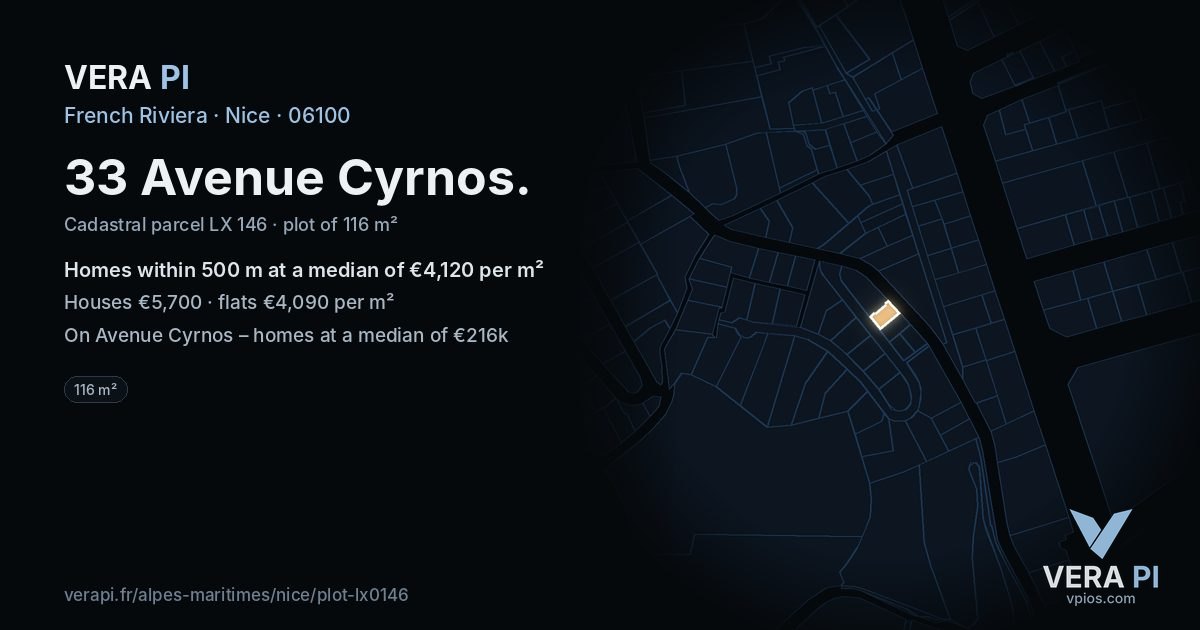 33 Avenue Cyrnos, Nice at night – the plot lit, the parcels around coloured by the prices near them