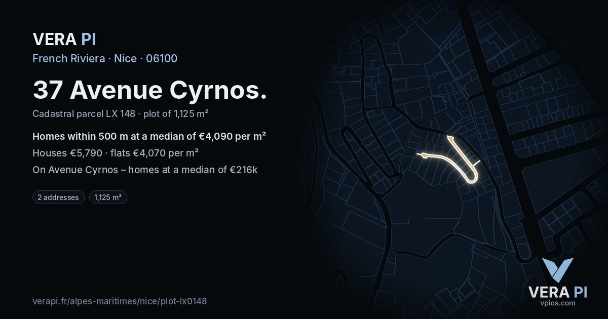 37 Avenue Cyrnos, Nice at night – the plot lit, the parcels around coloured by the prices near them