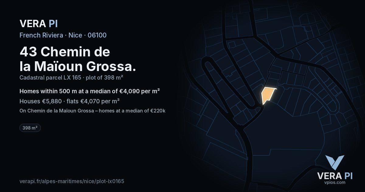43 Chemin de la Maïoun Grossa, Nice at night – the plot lit, the parcels around coloured by the prices near them