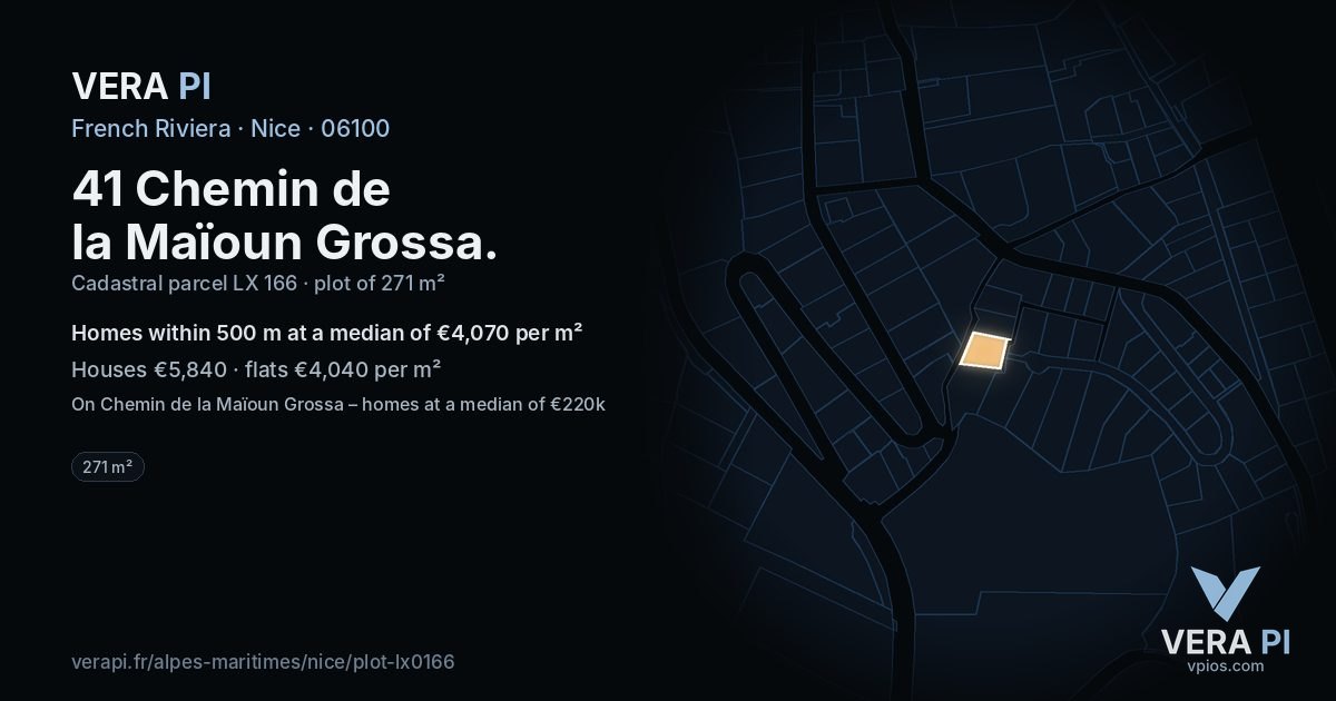 41 Chemin de la Maïoun Grossa, Nice at night – the plot lit, the parcels around coloured by the prices near them