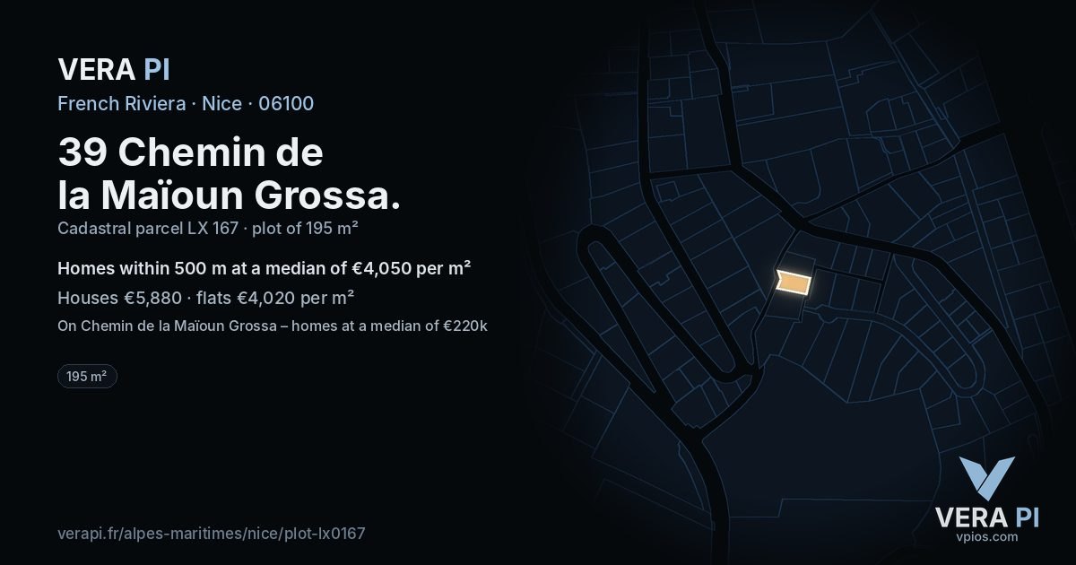 39 Chemin de la Maïoun Grossa, Nice at night – the plot lit, the parcels around coloured by the prices near them