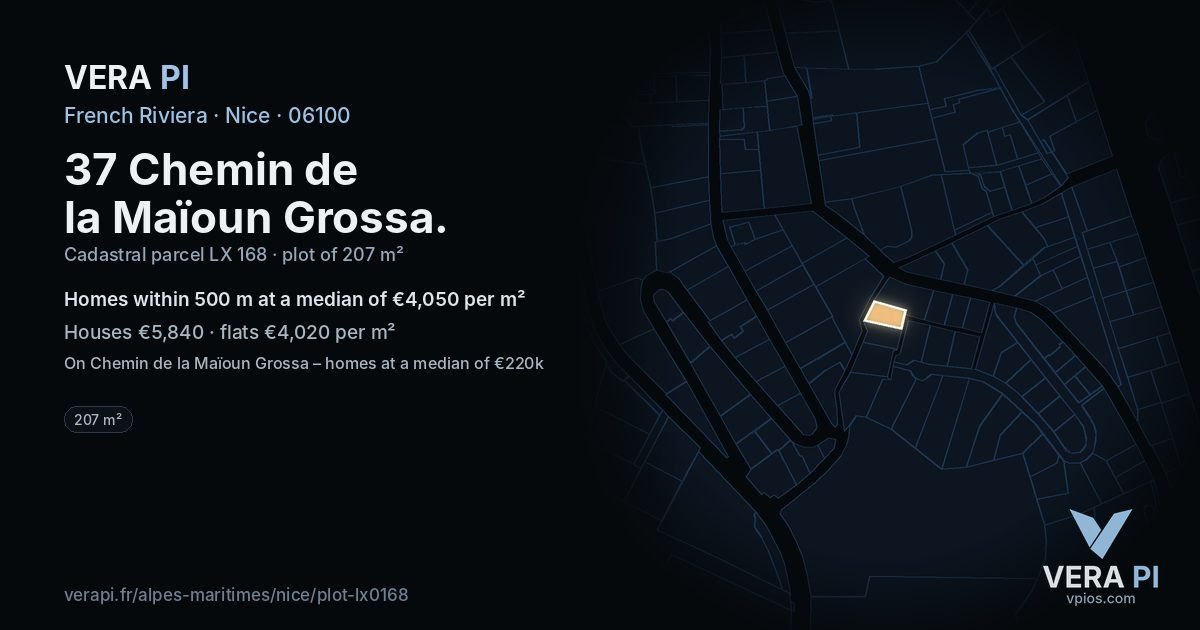 37 Chemin de la Maïoun Grossa, Nice at night – the plot lit, the parcels around coloured by the prices near them