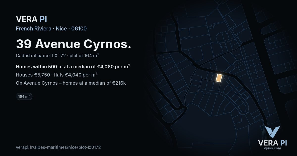 39 Avenue Cyrnos, Nice at night – the plot lit, the parcels around coloured by the prices near them