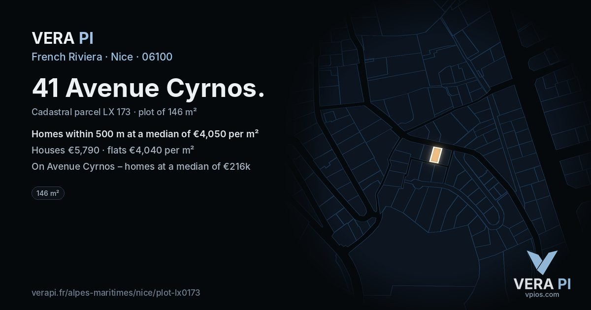 41 Avenue Cyrnos, Nice at night – the plot lit, the parcels around coloured by the prices near them