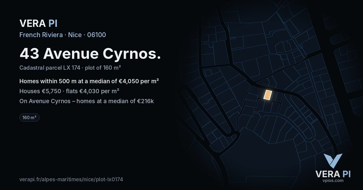 43 Avenue Cyrnos, Nice at night – the plot lit, the parcels around coloured by the prices near them