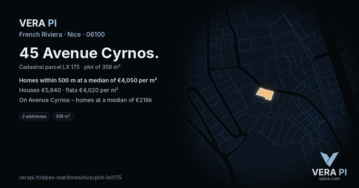 45 Avenue Cyrnos, Nice at night – the plot lit, the parcels around coloured by the prices near them