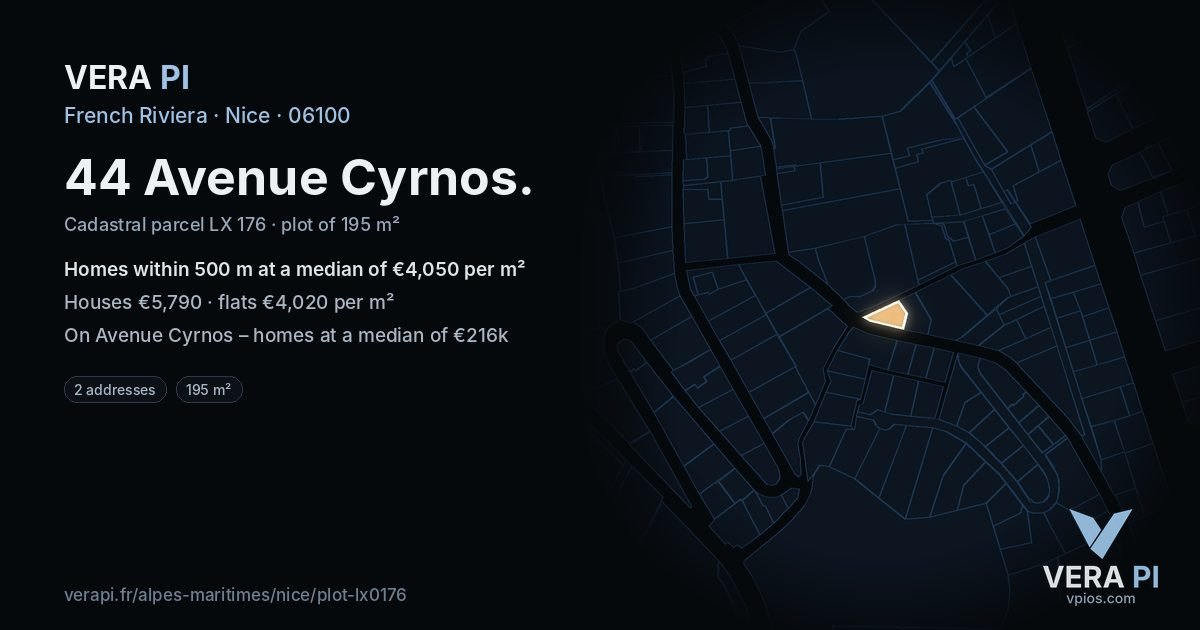 44 Avenue Cyrnos, Nice at night – the plot lit, the parcels around coloured by the prices near them